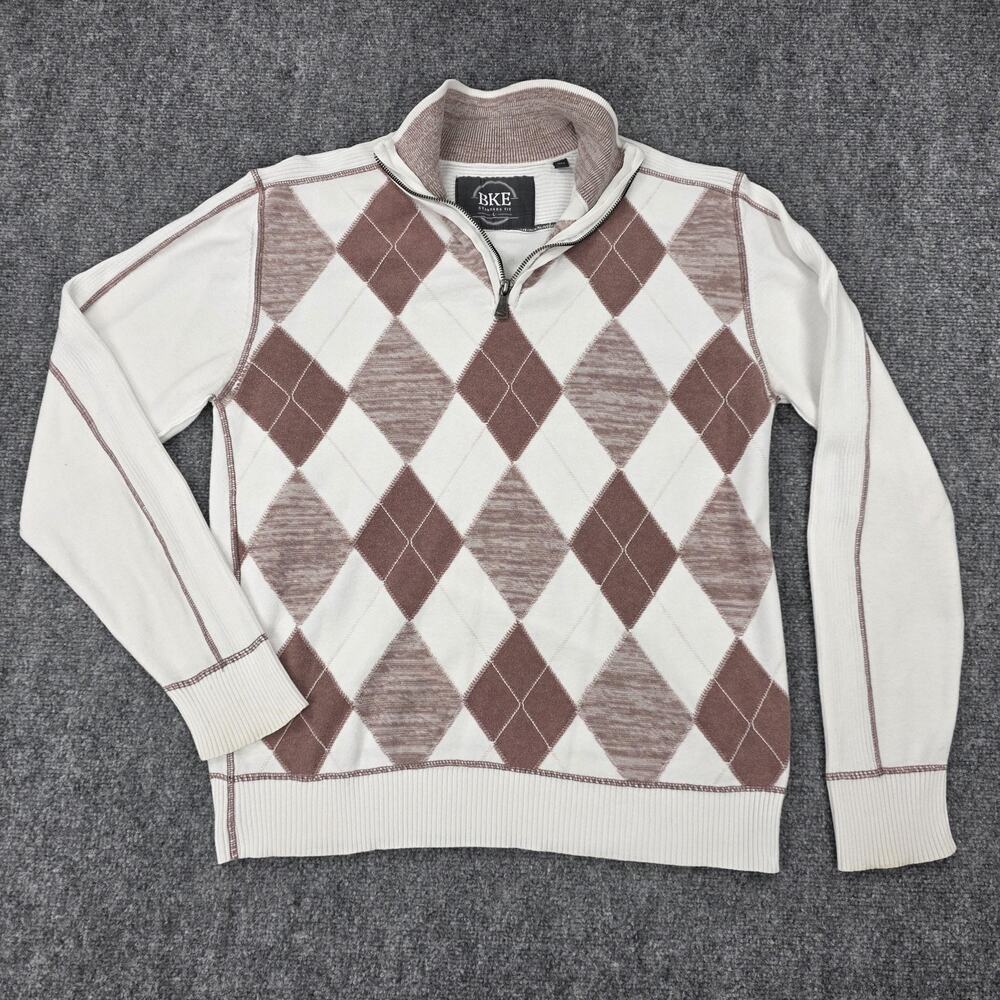 BKE Sweater Mens Large White Brown Argyle 1/4 Zip Mock Neck Cotton Knit Pullover